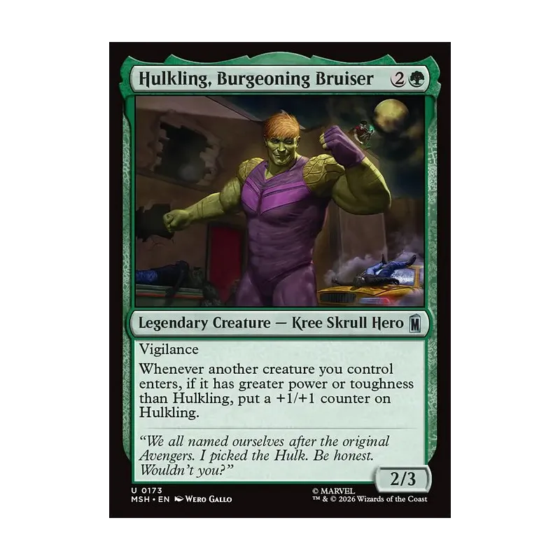 burgeoning mtg card Whenever an opponent plays a land Hulkling, Burgeoning Bruiser | Marvel