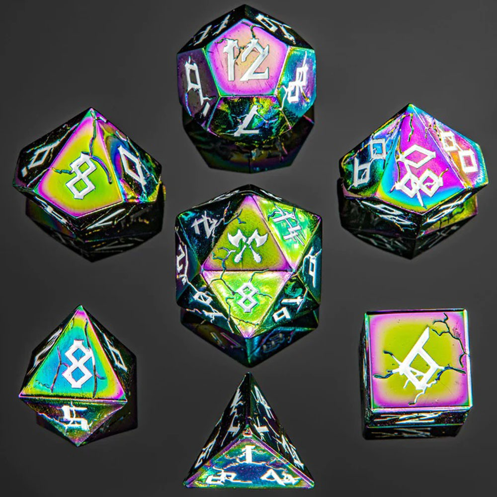 Metal Barbarian Dice Set: Rainbow w/ White (7) (Last Chance) Metal Barbarian Dice Set: Rainbow w/ White (7) (Last Chance)