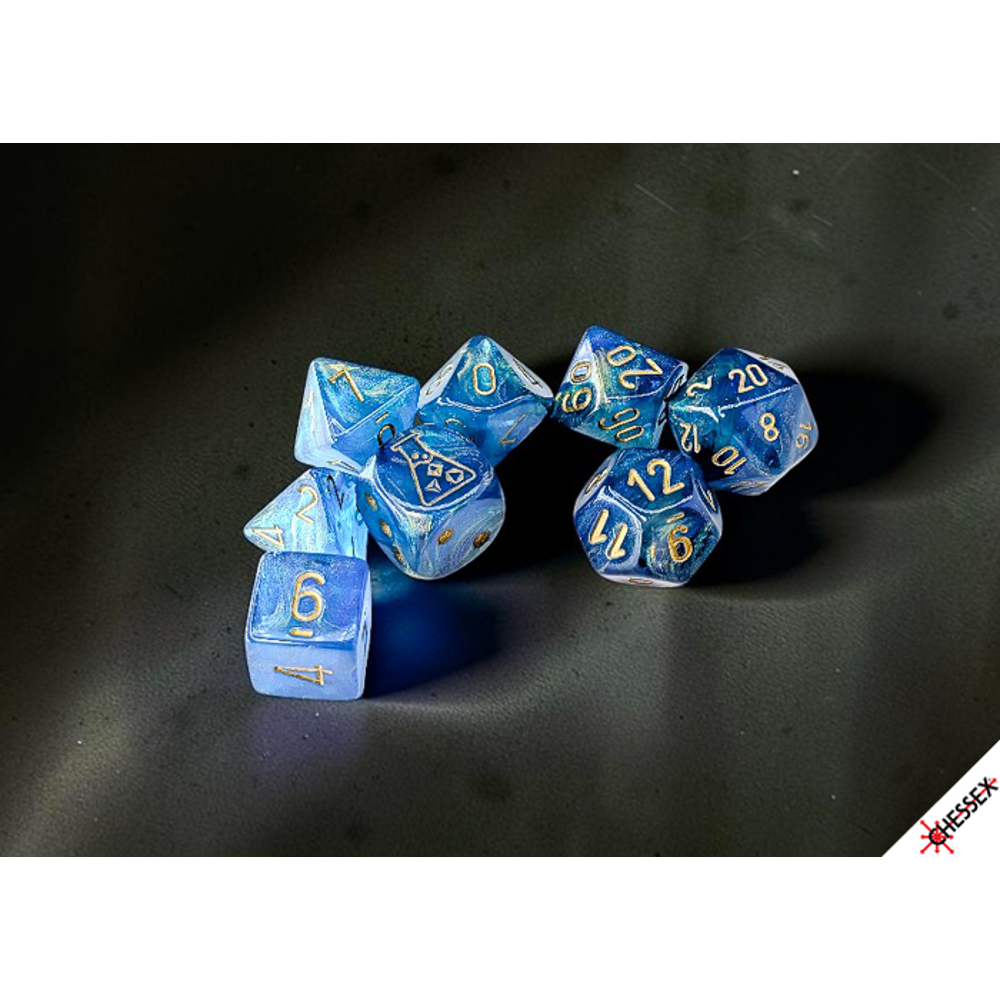 Chessex Lab Series Polyhedral Dice: Shimmer - Aqueous/Gold (Preorder)