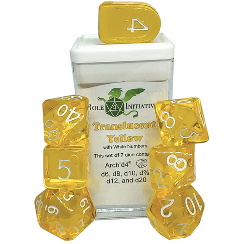 R4I Dice w/ Arch'd4: Translucent - Yellow w/ White (7) (Clearance) R4I Dice w/ Arch'd4: Translucent - Yellow w/ White (7) (Clearance)