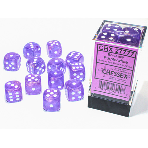 Chessex 16mm d6 Set: Borealis Luminary Purple/White (12) Chessex 16mm d6 Set: Borealis Luminary Purple/White (12)