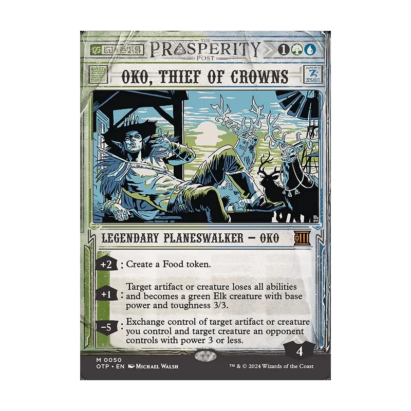 oko mtg card Oko, Lorwyn Liege (Borderless) [Lorwyn Eclipsed] Target artifact or creature loses all abilities and becomes a green Elk creature with base power and toughness 3/3 ECL] Oko, Lorwyn Liege //