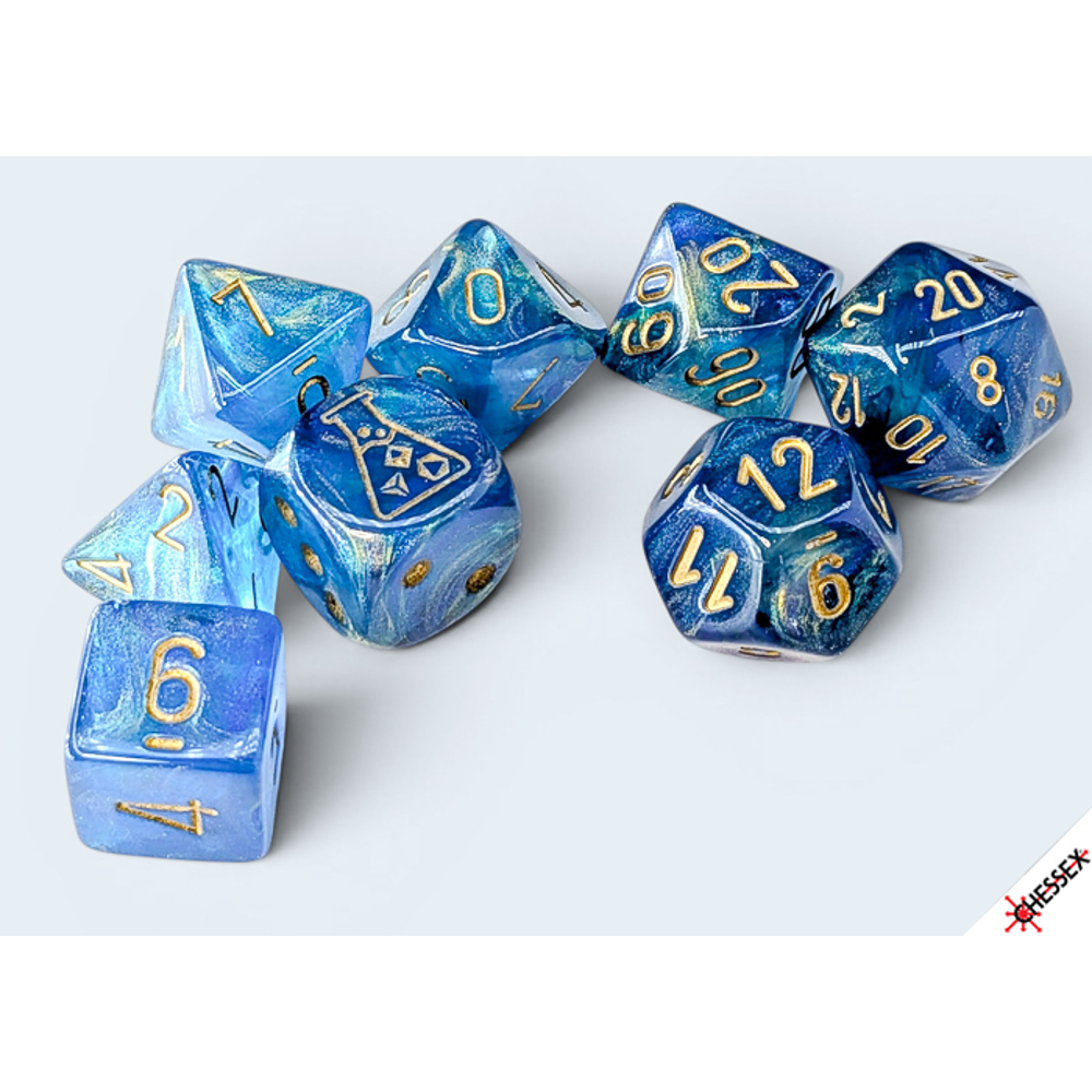 Chessex Lab Series Polyhedral Dice: Shimmer - Aqueous/Gold (Preorder)