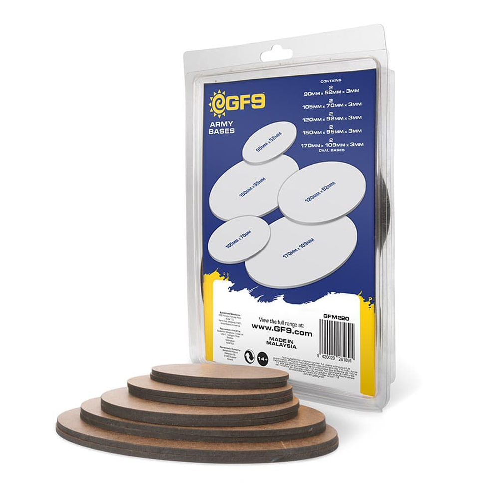 MDF Army Bases: Oval 90x52mm (2), 105x70mm (2), 120x92mm (2), 150x95mm (2), 170x109mm (2)