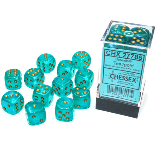 Chessex 16mm d6 Set: Borealis Luminary Teal/Gold (12)