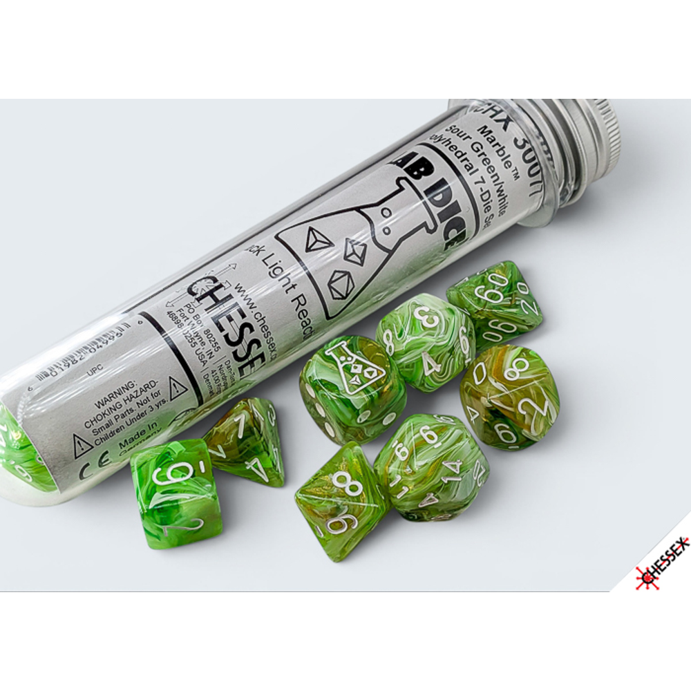Chessex Lab Series Polyhedral Dice: Marble - Sour Green/White (Preorder)