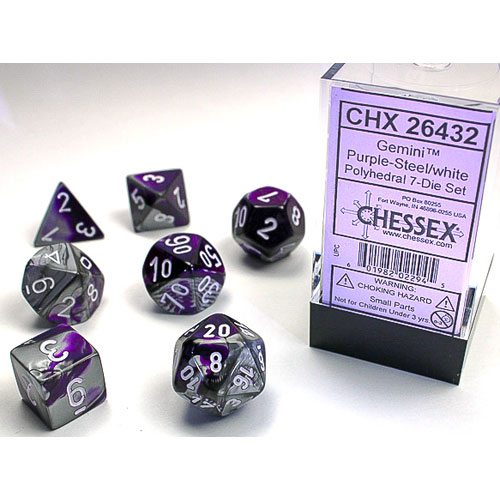Chessex Dice Set: Gemini - Purple-Steel w/White (7) Chessex Dice Set: Gemini - Purple-Steel w/White (7)