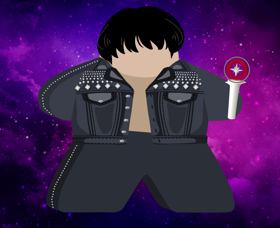 A cartoon character in a studded black jacket poses against a purple galaxy background, holding a microphone.