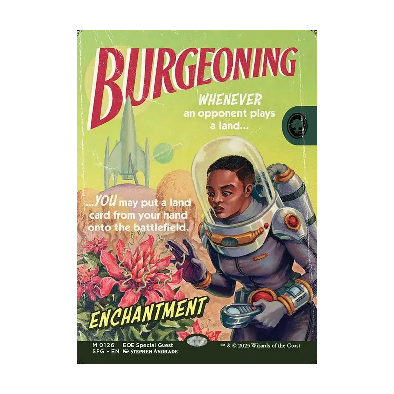 burgeoning mtg card March of Life [Kamigawa: Neon Dynasty Prerelease Promos] It transforms into a 0/0 Phyrexian artifact creature.) Whenever enchanted land is tapped for mana Burgeoning (#408) (foil) (borderless)