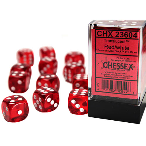 Chessex 16mm d6 Set: Translucent - Red w/White (12)