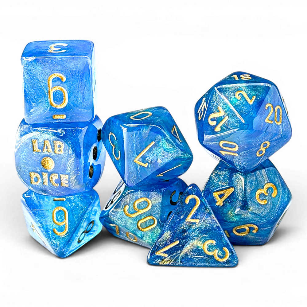 Chessex Lab Series Polyhedral Dice: Shimmer - Aqueous/Gold (Preorder)