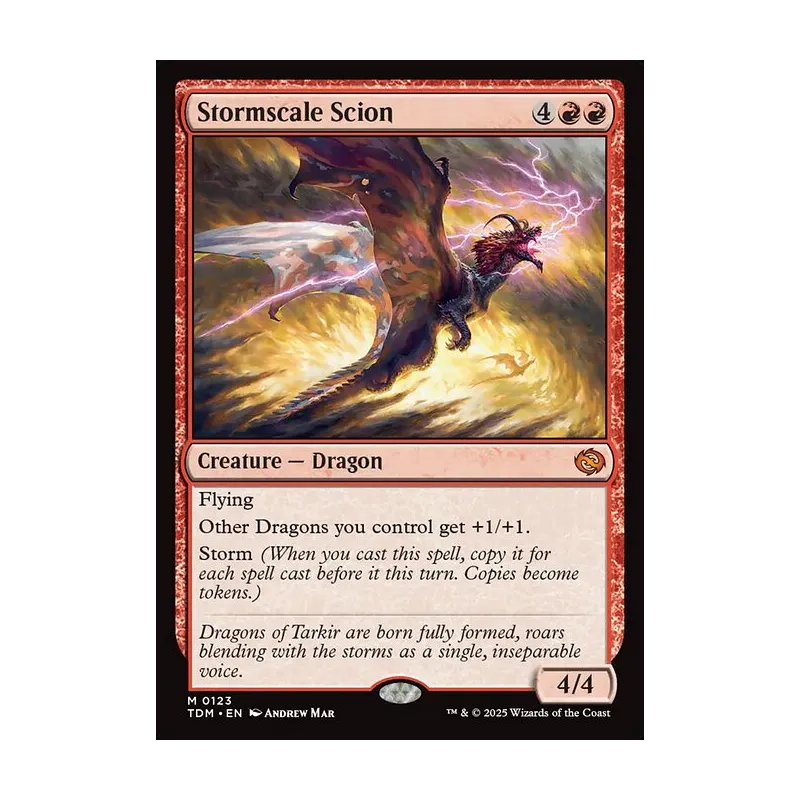 dragon storm mtg card Stormscale Scion (123) Search your library for a Dragon permanent card and put it onto the battlefield MtG Tarkir: Dragonstorm Uncommon Corroding