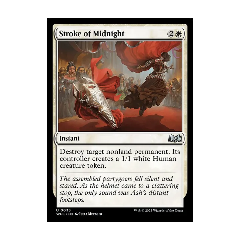 stroke of midnight mtg card [33] [Wilds of Eldraine] [Non-Foil]  Face to Face Games Its controller creates a 1/1 white Human creature token WOE] Stroke of Midnight (Debut