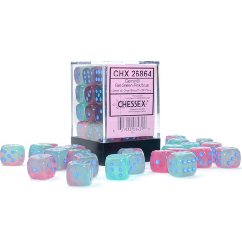 Chessex 12mm d6 Set: Gemini Luminary - Gel Green-Pink w/Blue (36)